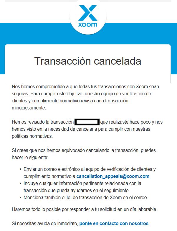 Transacción cancelada - [REFERIDO] Xoom. Gana 25€ en paypal